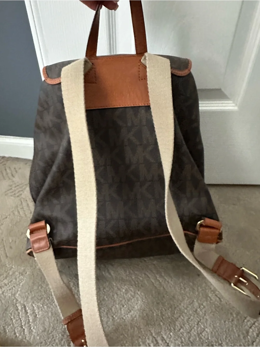 Michael Kors Dark Brown Monogram Backpack with Tan Trim